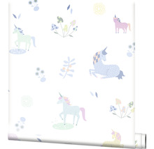 Papier peint avec motif de licornes et de plantes