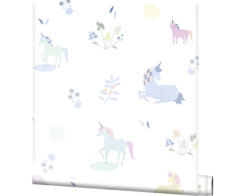 Papier peint avec motif de licornes et de plantes
