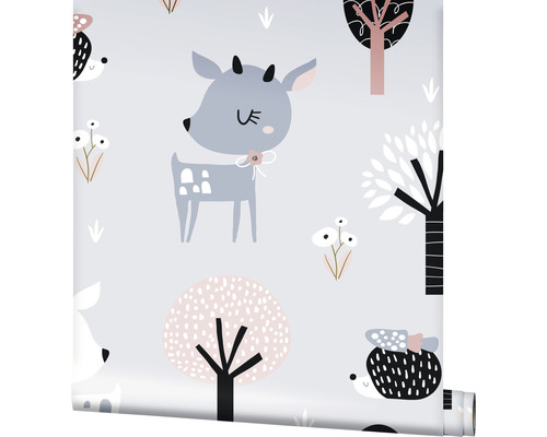 Papier peint avec motif enfantin d''animaux de la forêt.