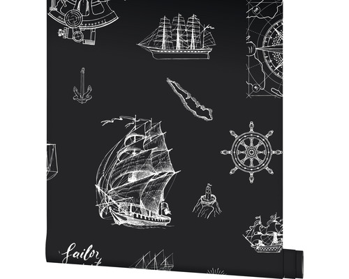 Papier peint avec motifs de navires, d''ancres, de boussole et de gouvernail