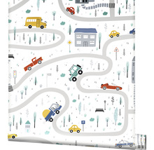 Papier peint avec motif de rues, de véhicules et de bâtiments