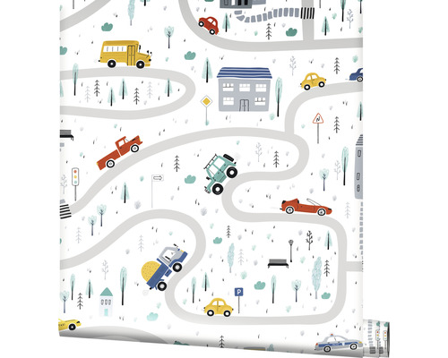 Papier peint avec motif de rues, de véhicules et de bâtiments