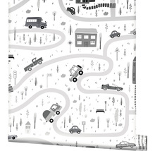 Papier peint avec motif de rue, maisons et véhicules