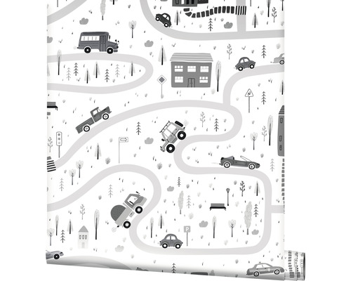 Papier peint avec motif de rue, maisons et véhicules