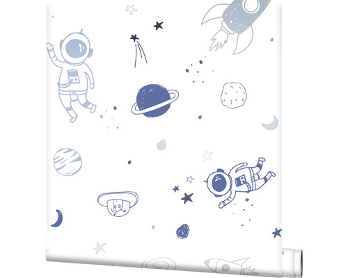 Papier peint avec astronautes, fusées, planètes et étoiles