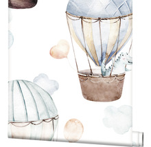 Papier peint avec des dinosaures dans des montgolfières et motif de nuages