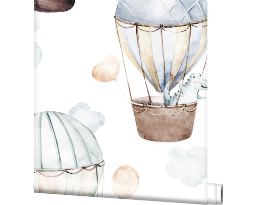 Papier peint avec des dinosaures dans des montgolfières et motif de nuages