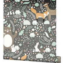 Papier peint avec motif d''animaux de la forêt, comprenant des ours, des renards, des lapins et des cerfs.
