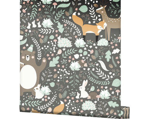 Papier peint avec motif d''animaux de la forêt, comprenant des ours, des renards, des lapins et des cerfs.