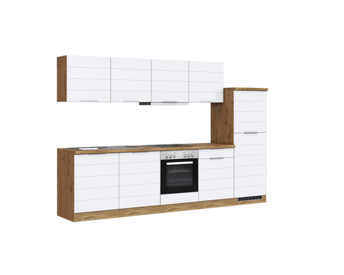 Cuisine équipée avec meubles hauts et bas et appareils électriques