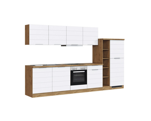 Cuisine moderne avec des armoires hautes et basses et des appareils électriques.