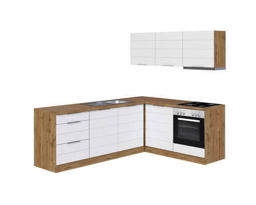 Küchenzeile mit Geräten Held Möbel Florenz 240 cm Frontfarbe weiss Korpusfarbe eiche hell 1113.6291