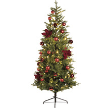 Geschmückter Weihnachtsbaum mit Kugeln und Blumen