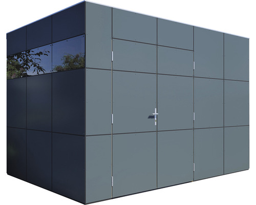 Abri de jardin gris avec fenêtre et porte