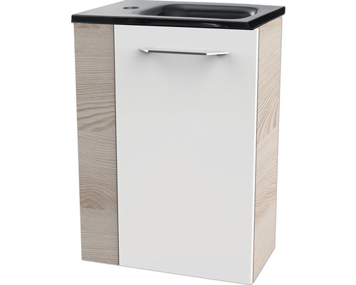 Waschbeckenunterschrank mit einer Tür und einem schwarzen Spülbecken