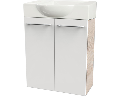 Meuble sous-lavabo avec deux portes et aspect bois sur le côté