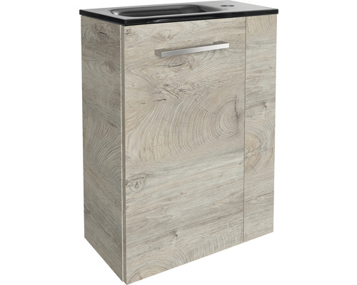 Meuble sous-lavabo avec décor bois et poignée