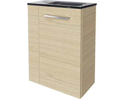 Meuble sous-lavabo avec tiroir et compartiment de rangement aspect bois