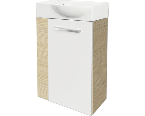 Meuble sous-lavabo avec lavabo, porte blanche et aspect bois sur les côtés