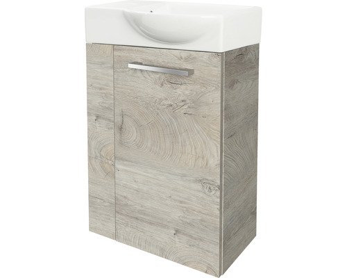 Meuble sous-lavabo avec une porte et une poignée aspect bois