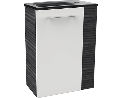 Waschbeckenunterschrank mit einer Tür und einem Griff.