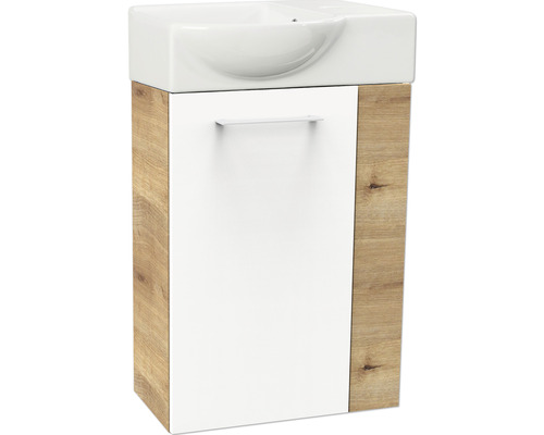 Meuble sous-vasque FACKELMANN Small Bathroom Collection chêne noueux/blanc à haute brillance BxHxT 44x60x24,3 cm à gauche