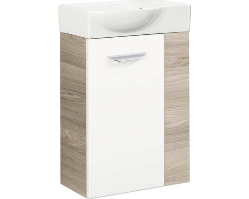 Meuble sous-vasque FACKELMANN Small Bathroom Collection frêne commun/blanc à haute brillance BxHxT 44x60x24,3 cm à gauche