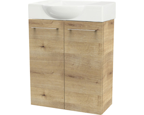 Waschtischunterschrank mit Holztüren und weissem Waschbecken