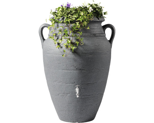 Récupérateur d'eau de pluie GARANTIA amphore antique 600 litres dark granite Réservoir d''eau gris avec plantes et robinet