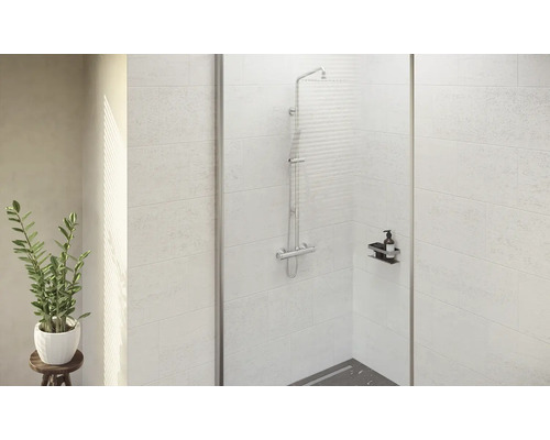 Salle de bains claire avec douche, robinetterie, étagère de rangement et plante d''intérieur