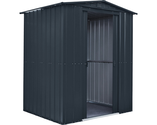 Abri de jardin métallique avec porte ouverte