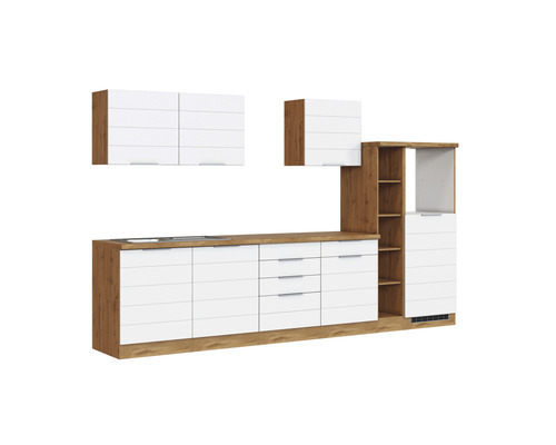 Cuisine linéaire avec éléments hauts et tiroirs