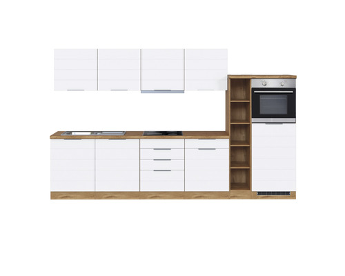 Küchenzeile mit Geräten Held Möbel Florenz 330 cm Frontfarbe weiss Korpusfarbe eiche hell 1124.6291