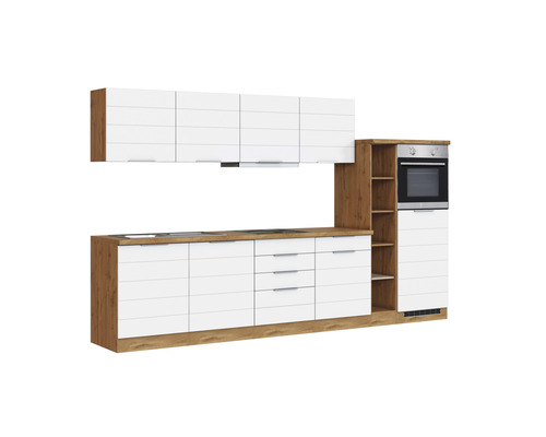 Cuisine intégrée moderne avec éléments hauts, éléments bas et four encastrable.