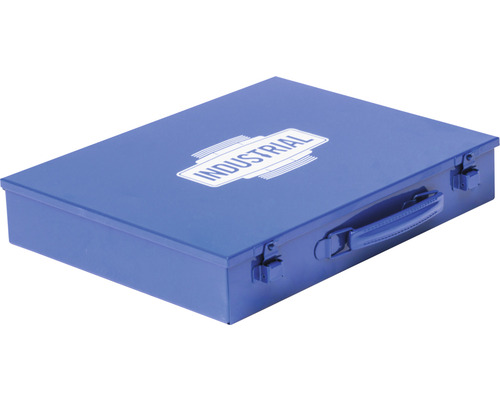 Boîte à outils bleue avec poignée et inscription Industrial