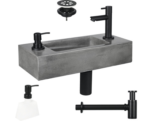 Aufsatzwaschbecken aus Beton mit Armatur, Seifenspender, Ablaufgarnitur und Siphon