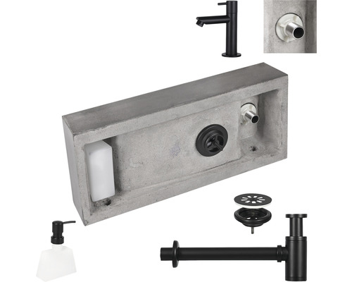 Komplette Waschbecken-Installation mit Armatur, Siphon, Ablaufgarnitur und Seifenspender