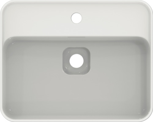 Vue de dessus d''un lavabo rectangulaire avec trou de robinet et trop-plein