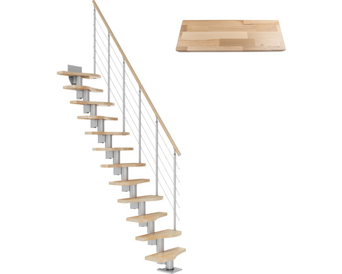 Pertura Mittelholmtreppe Raumspartreppe Vaia Perlgrau Variabel 64 cm Stabgeländer Buche Leimholz Lackiert 11 Stufen 12 Steigungen