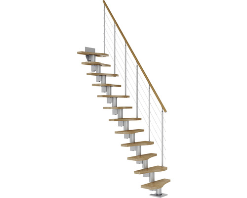 Pertura Mittelholmtreppe Raumspartreppe Vaia Perlgrau Variabel 64 cm Stabgeländer Eiche Leimholz Lackiert 11 Stufen 12 Steigungen