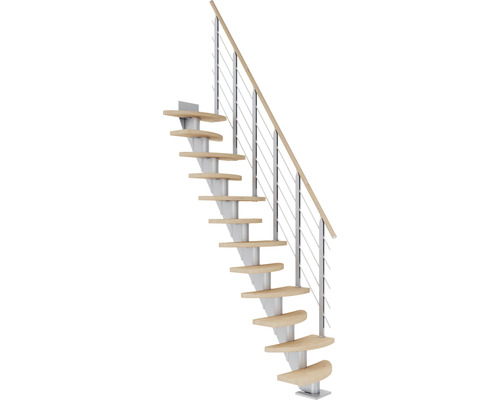Pertura Mittelholmtreppe Aris perlgrau variabel 1/4 gewendelt unten links/rechts Gerade 64 cm Relinggeländer Eiche Weiss geölt 11 Stück Stufen - 12 Steigungen