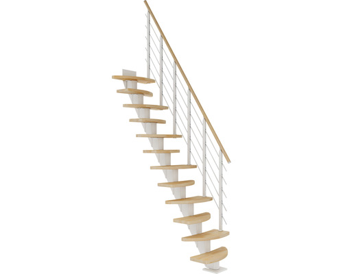 Escalier à crémaillère Pertura Aris blanc variable variable 1/4 tournant en bas à gauche/droite droit 64 cm garde-corps à barres horizontales bois de hêtre lamellé-collé huilé 10 marches/11 pas de marche