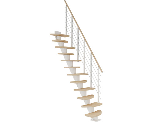 Escalier à crémaillère Pertura Aris blanc variable variable 1/4 tournant en bas à gauche/droite droit 64 cm garde-corps à barres horizontales chêne blanc huilé 12 marches/13 pas de marche