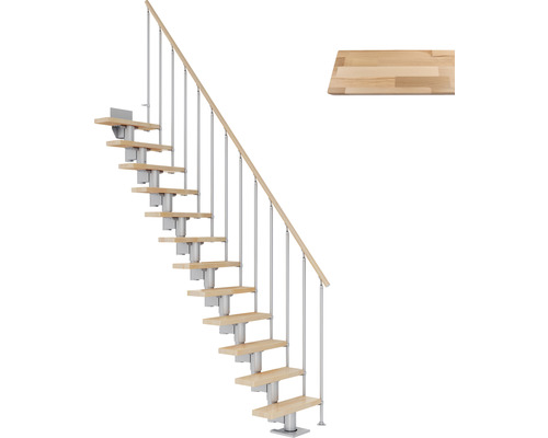 Pertura Mittelholmtreppe Spiros Perlgrau 65 cm Stabgeländer Buche Leimholz Lackiert 12 Stufen 13 Steigungen