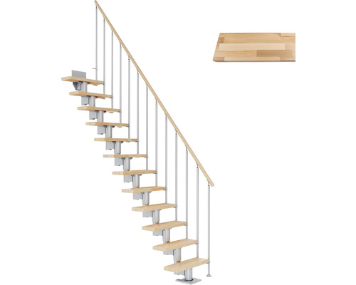 Escalier à crémaillère Pertura Spiros droit 65 cm garde-corps à barres verticales bois de hêtre lamellé-collé verni 13 marches/14 pas de marche