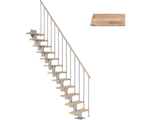 Escalier à crémaillère Pertura Spiros droit 65 cm garde-corps à barres verticales bois de hêtre lamellé-collé verni 14 marches/15 pas de marche