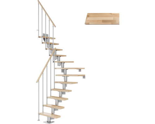 Escalier à limon central Pertura Spiros gris perle 65 cm garde-corps à barres verticales hêtre bois lamellé-collé vernis 11 marches 12 pas de marche