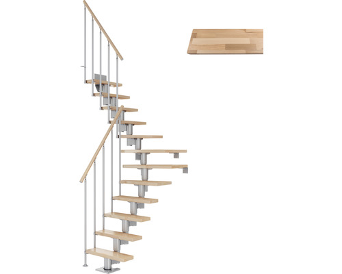 Escalier à limon central Pertura Spiros gris perle 65 cm garde-corps à barres verticales hêtre bois lamellé-collé vernis 13 marches 14 pas de marche