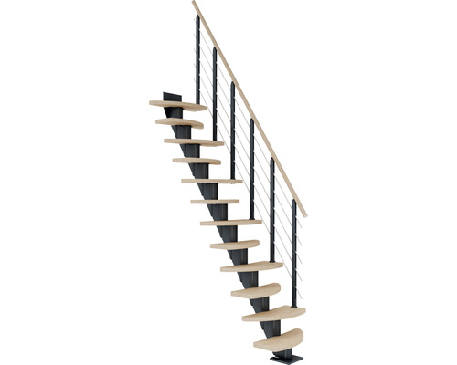 Escalier à limon central Pertura Aris anthracite variable 64 cm garde-corps à barres horizontales chêne bois lamellé-collé huilé 10 marches 11 pas de marche