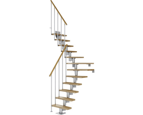 Escalier à limon central Pertura Spiros gris perle 65 cm garde-corps à barres verticales chêne vernis 11 marches 12 pas de marche